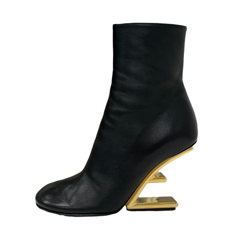Fendi First Boots Short Boots Shoes Leather Black Gold F Logo