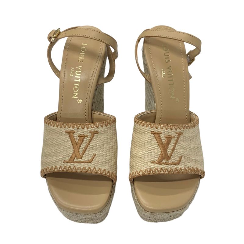 Louis Vuitton Helios Line Sandals Shoes Raffia Leather Beige Unused Logo Wedge