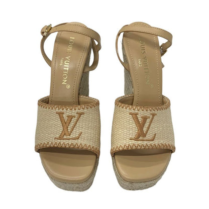 Louis Vuitton Helios Line Sandals Shoes Raffia Leather Beige Unused Logo Wedge