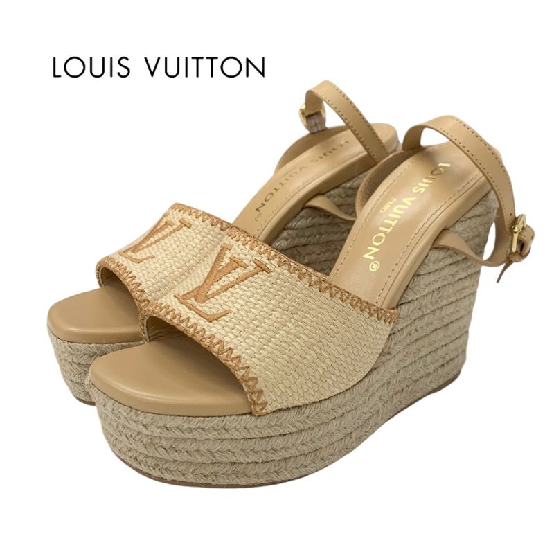Louis Vuitton Helios Line Sandals Shoes Raffia Leather Beige Unused Logo Wedge