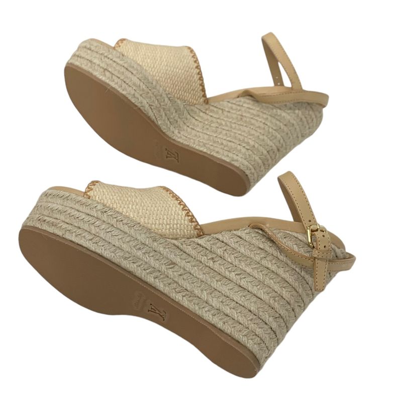 Louis Vuitton Helios Line Sandals Shoes Raffia Leather Beige Unused Logo Wedge