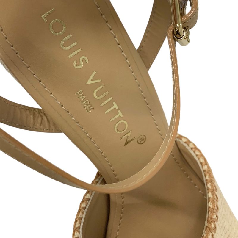 Louis Vuitton Helios Line Sandals Shoes Raffia Leather Beige Unused Logo Wedge