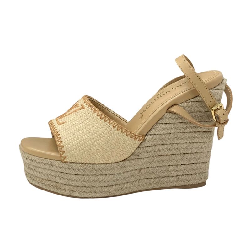 Louis Vuitton Helios Line Sandals Shoes Raffia Leather Beige Unused Logo Wedge