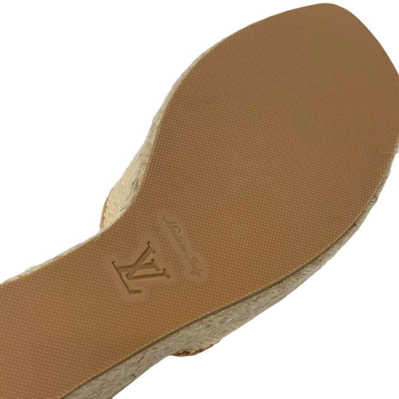Louis Vuitton Helios Line Sandals Shoes Raffia Leather Beige Unused Logo Wedge