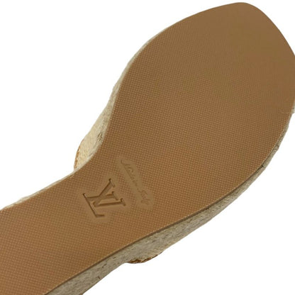 Louis Vuitton Helios Line Sandals Shoes Raffia Leather Beige Unused Logo Wedge