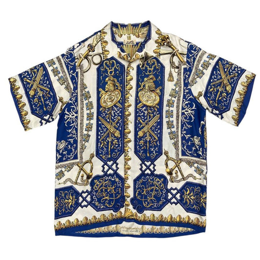 Em1147 Hermes Silk Shirt Blue Short Sleeves Men's