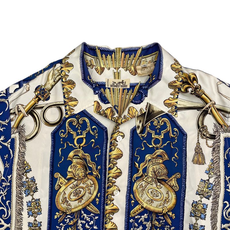 Em1147 Hermes Silk Shirt Blue Short Sleeves Men's