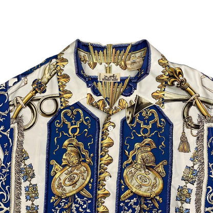 Em1147 Hermes Silk Shirt Blue Short Sleeves Men's