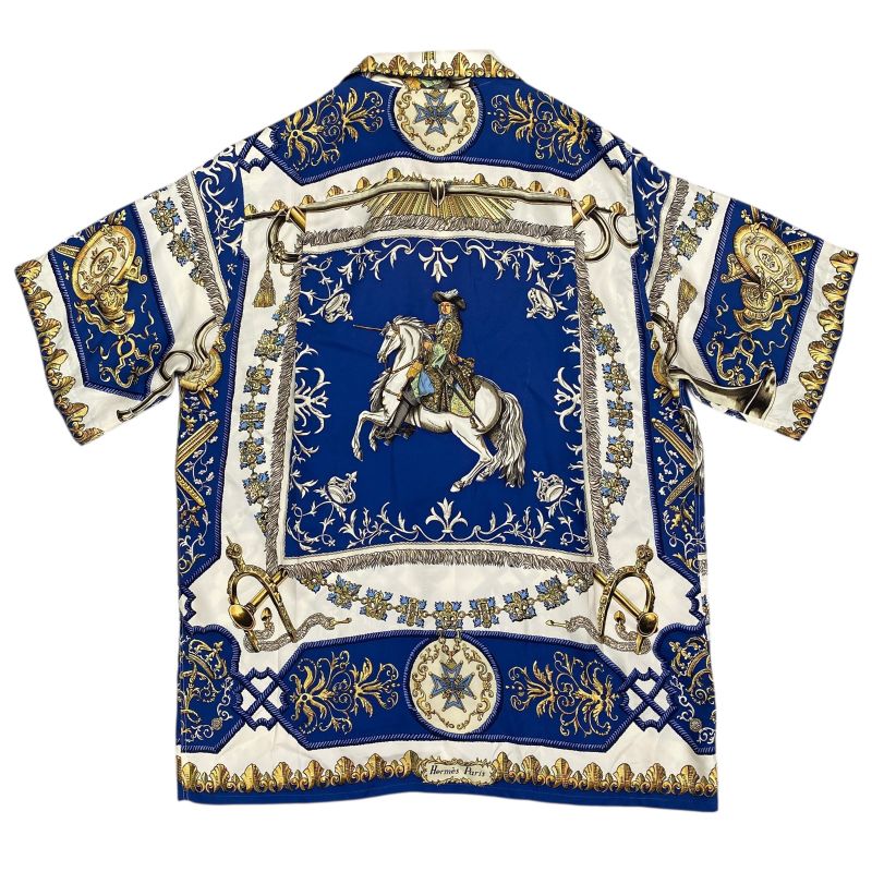 Em1147 Hermes Silk Shirt Blue Short Sleeves Men's