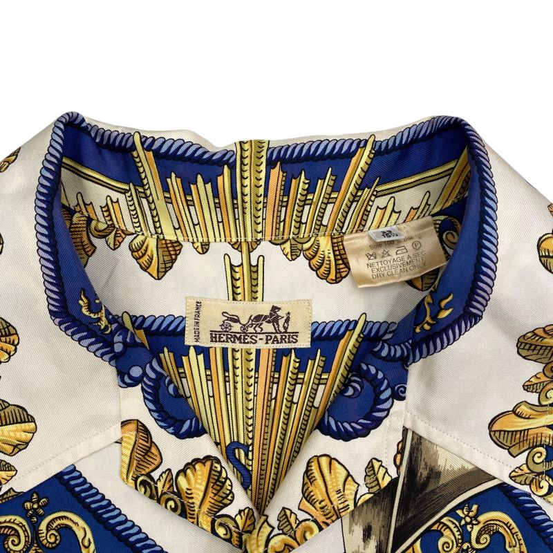 Em1147 Hermes Silk Shirt Blue Short Sleeves Men's