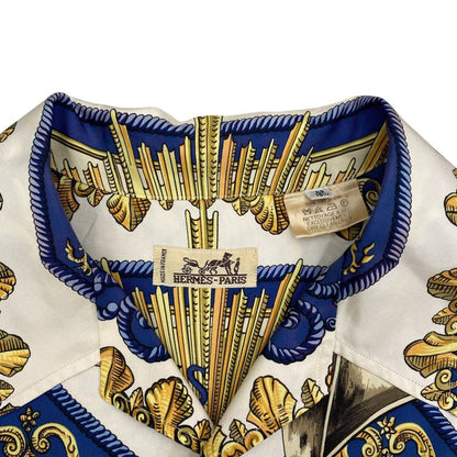 Em1147 Hermes Silk Shirt Blue Short Sleeves Men's