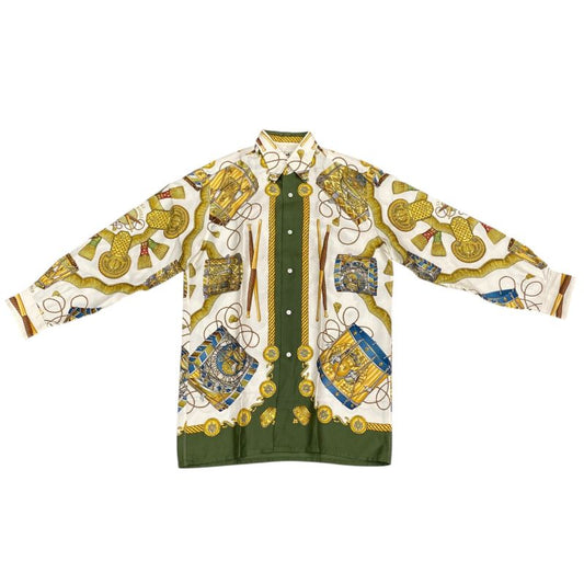 Em1148 Hermes Silk Shirt Green Long Sleeves Men's