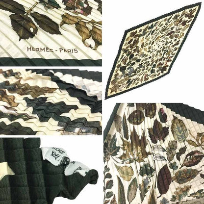 Hermes Pleated Carré Scarf Tourbillon Gale Swirl Falling Leaves Beige Khaki New