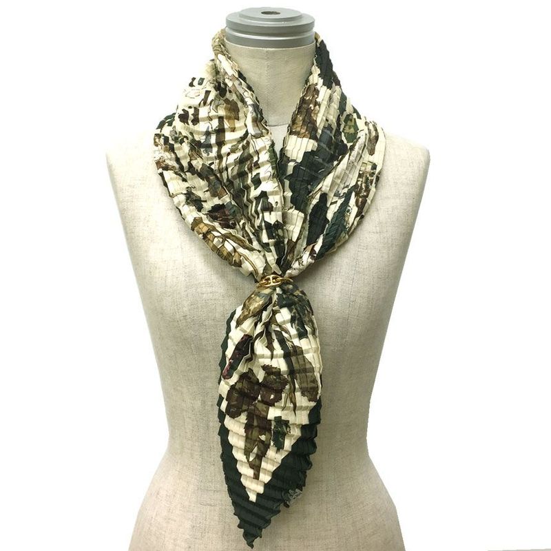 Hermes Pleated Carré Scarf Tourbillon Gale Swirl Falling Leaves Beige Khaki New