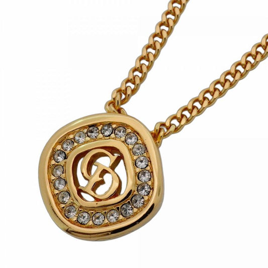 Christian Dior Necklace CD Logo GP Plated Rhinestone Gold Ladies