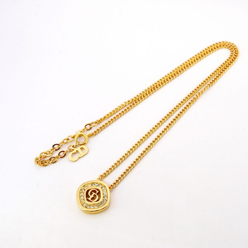 Christian Dior Necklace CD Logo GP Plated Rhinestone Gold Ladies
