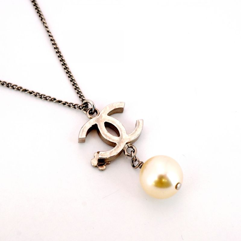 Chanel Necklace Coco Mark Metal Faux Pearl Silver Ladies