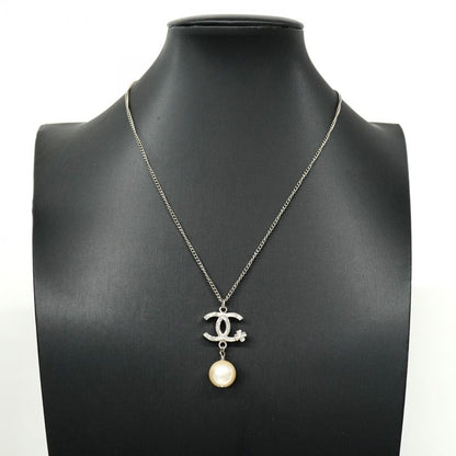Chanel Necklace Coco Mark Metal Faux Pearl Silver Ladies