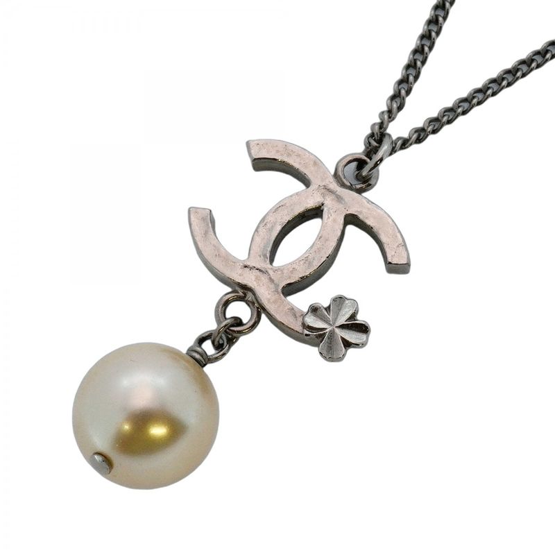 Chanel Necklace Coco Mark Metal Faux Pearl Silver Ladies