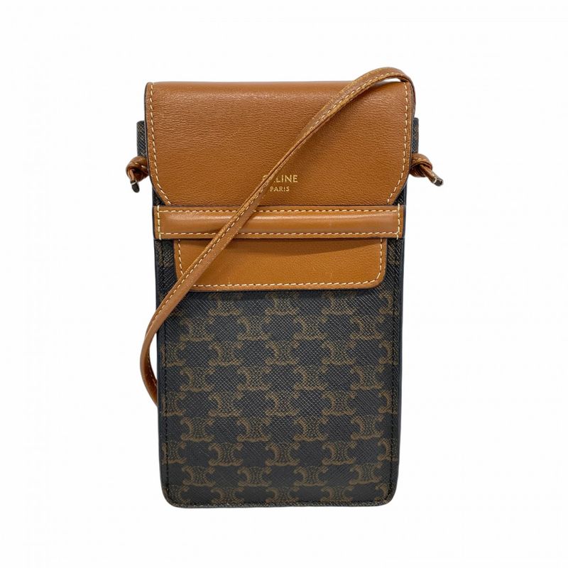 Celine Mobile Pouch Triomphe PVC Black Brown Women's
