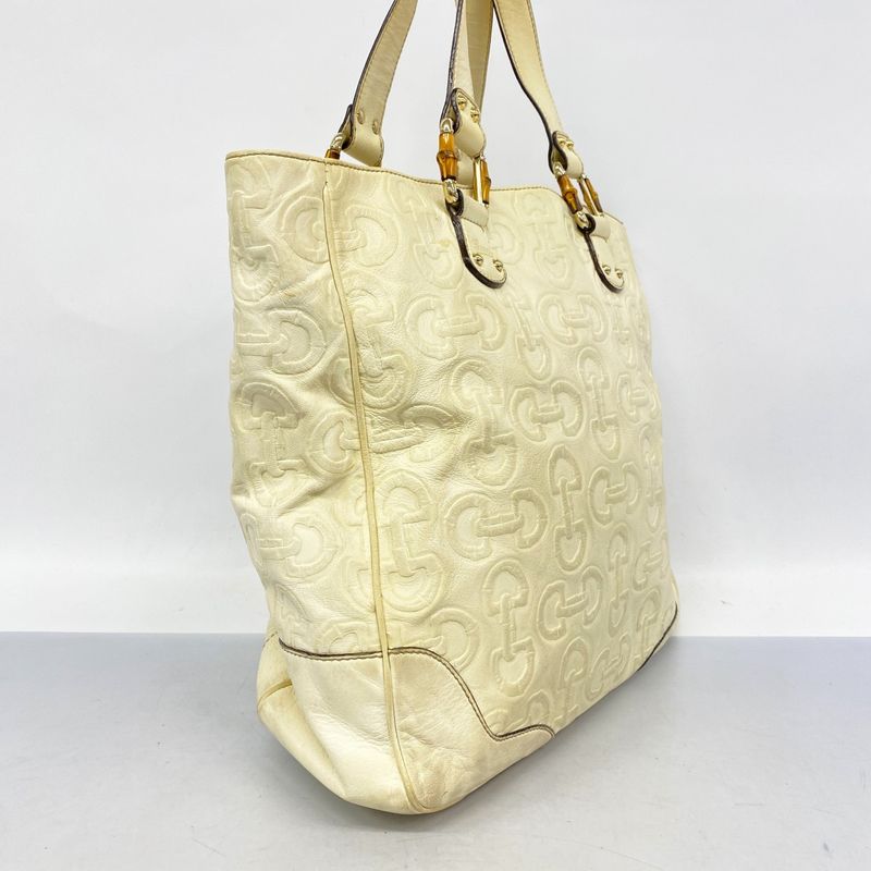 Gucci Handbag Bamboo Horsebit 154375 Leather Ivory Chien Pan Gold Hardware Women