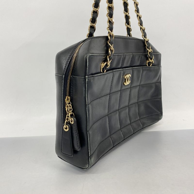 Chanel Shoulder Bag Choco Bar Lambskin Black Gold Hardware Women