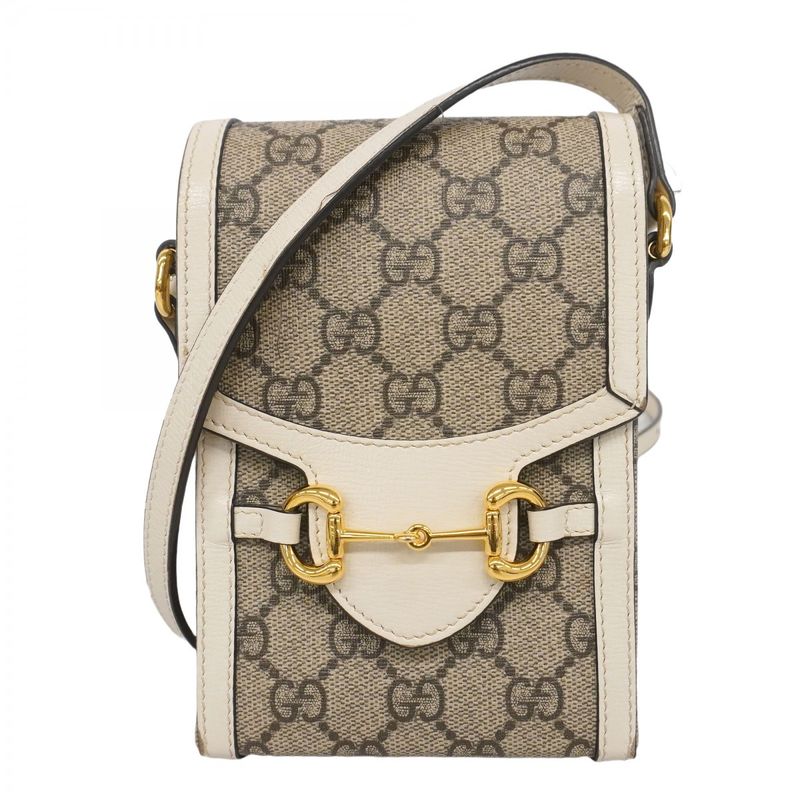 Gucci Shoulder Bag GG Supreme Horsebit 625615 PVC Leather Brown White Gold
