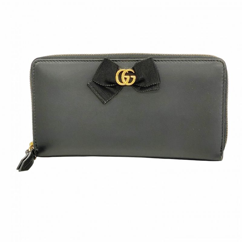 Gucci Long Wallet GG Marmont 435819 Leather Black Gold Hardware Women