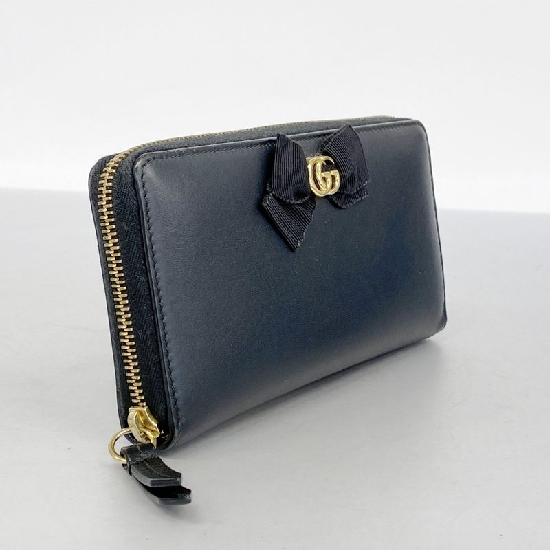 Gucci Long Wallet GG Marmont 435819 Leather Black Gold Hardware Women