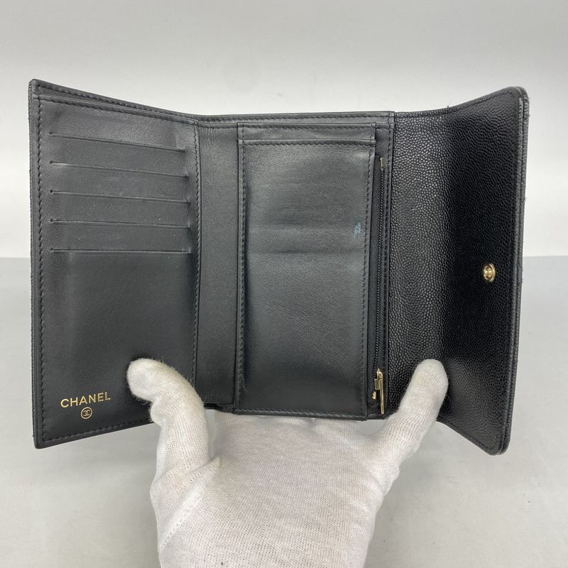 Chanel Trifold Wallet Matelasse Caviar Skin Black Chien Pan Gold Hardware Women