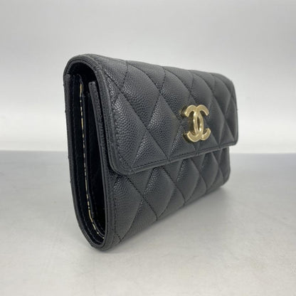 Chanel Trifold Wallet Matelasse Caviar Skin Black Chien Pan Gold Hardware Women
