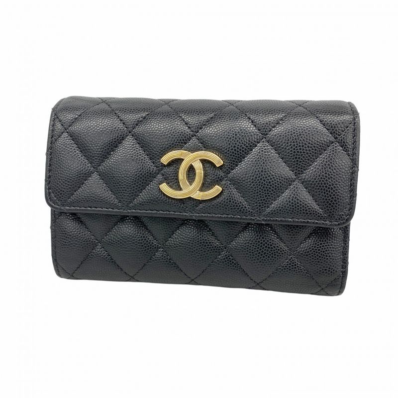 Chanel Trifold Wallet Matelasse Caviar Skin Black Chien Pan Gold Hardware Women