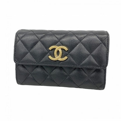 Chanel Trifold Wallet Matelasse Caviar Skin Black Chien Pan Gold Hardware Women