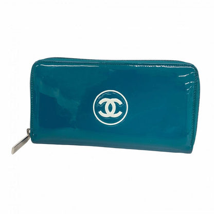 Chanel Long Wallet Patent Leather Blue Silver Hardware Women