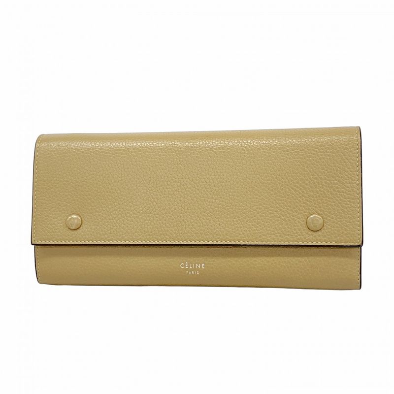 Celine Long Wallet Leather Beige Silver Hardware Women