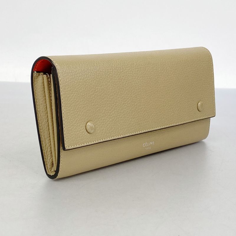 Celine Long Wallet Leather Beige Silver Hardware Women