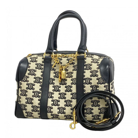 Celine Handbag Triomphe Canvas Navy White Gold Hardware 2way Bag Ladies