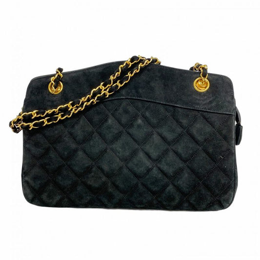 Chanel Shoulder Bag Matelasse Suede Black Gold Hardware Women