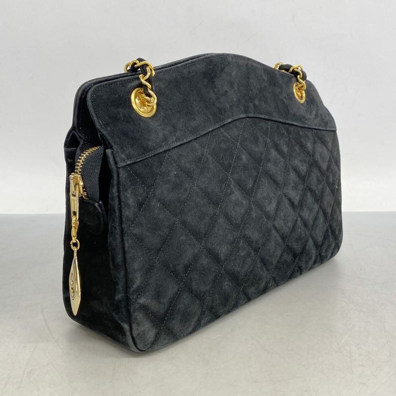 Chanel Shoulder Bag Matelasse Suede Black Gold Hardware Women