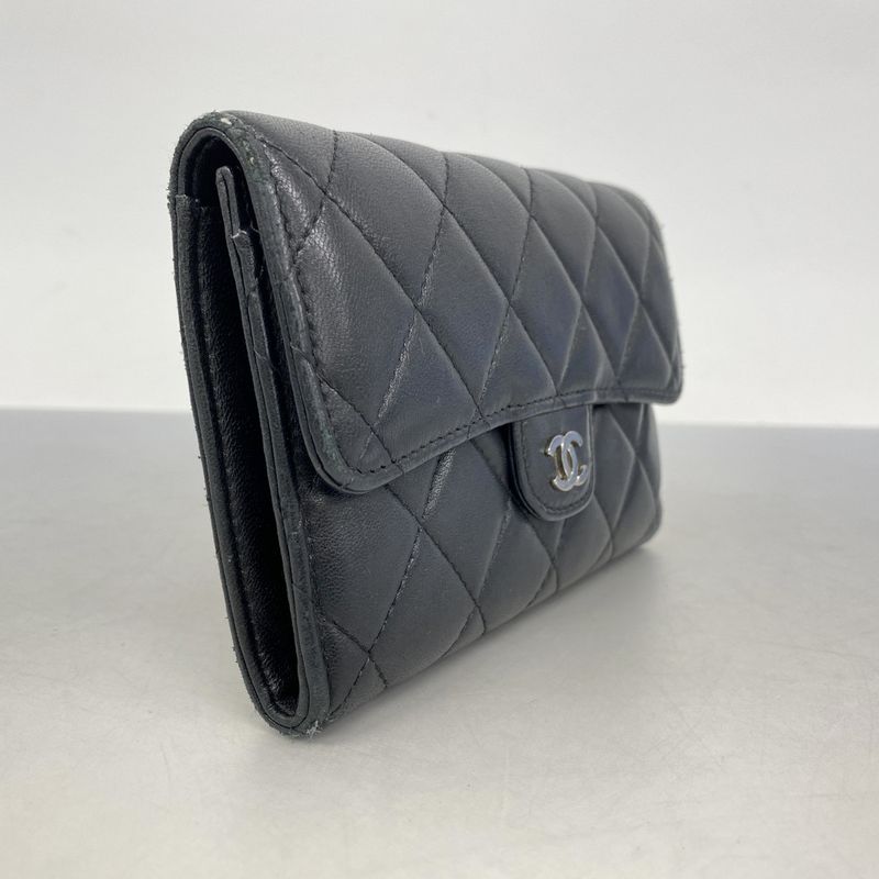 Chanel Wallet Matelasse Lambskin Black Silver Hardware Women