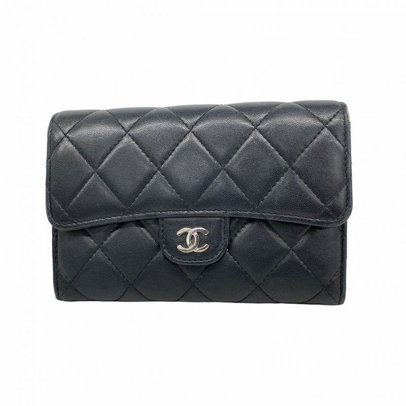 Chanel Wallet Matelasse Lambskin Black Silver Hardware Women