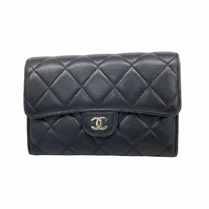 Chanel Wallet Matelasse Lambskin Black Silver Hardware Women