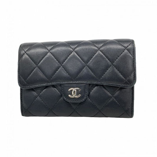 Chanel Wallet Matelasse Lambskin Black Silver Hardware Women