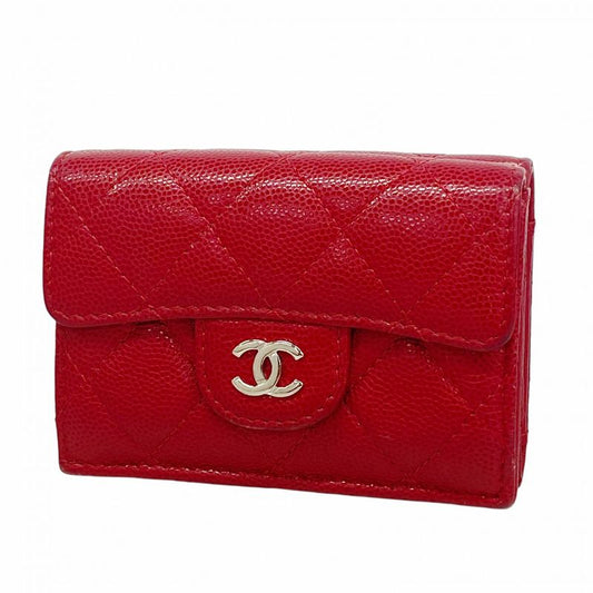 Chanel Trifold Wallet Matelasse Caviar Skin Red Silver Hardware Women