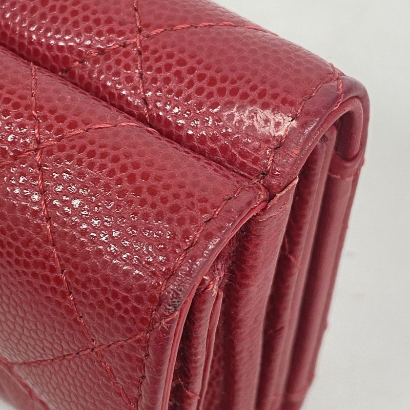 Chanel Trifold Wallet Matelasse Caviar Skin Red Silver Hardware Women