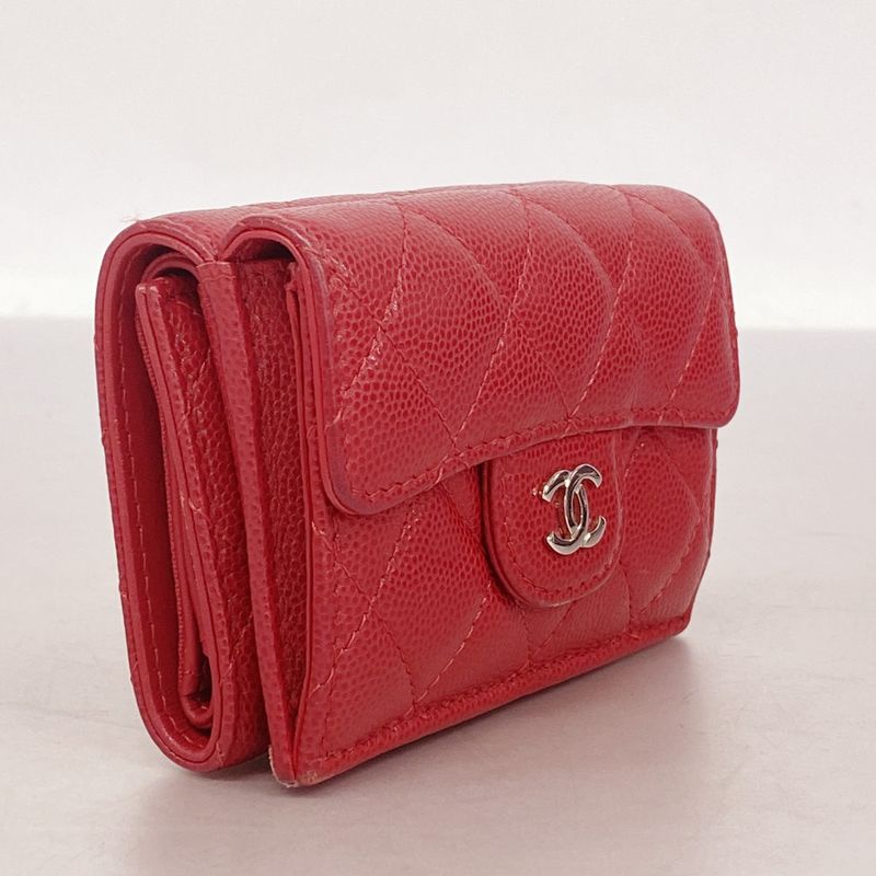 Chanel Trifold Wallet Matelasse Caviar Skin Red Silver Hardware Women