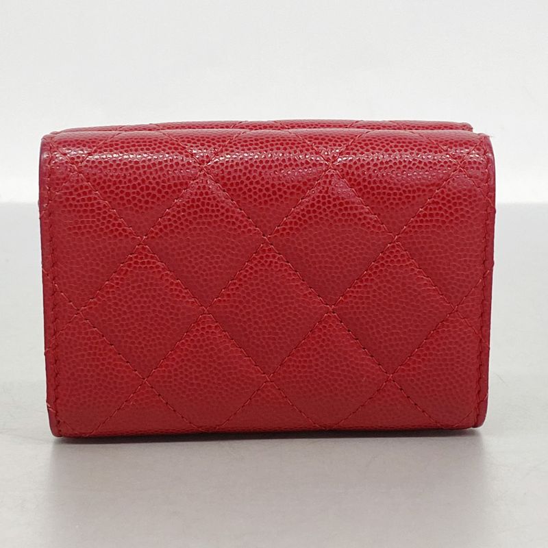 Chanel Trifold Wallet Matelasse Caviar Skin Red Silver Hardware Women