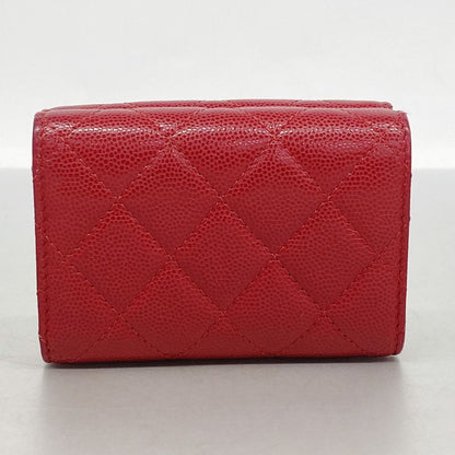Chanel Trifold Wallet Matelasse Caviar Skin Red Silver Hardware Women