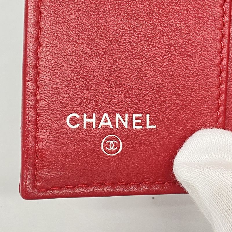 Chanel Trifold Wallet Matelasse Caviar Skin Red Silver Hardware Women
