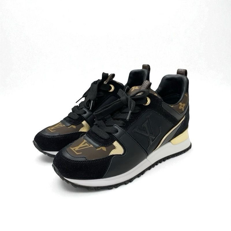 Louis Vuitton Sneakers Shoes Fabric Leather Suede Black Gold Brown Logo In-heel
